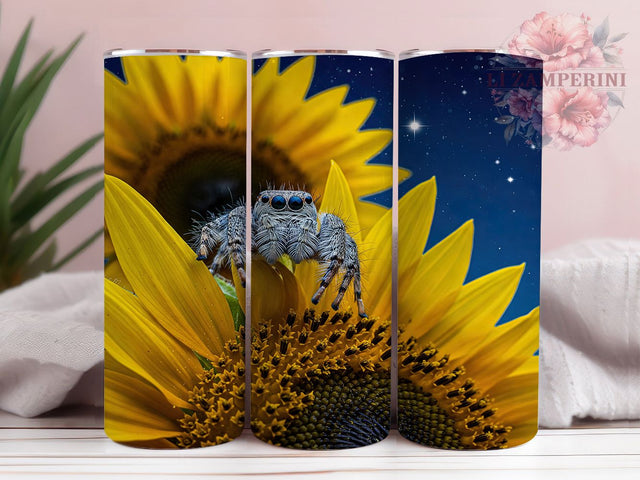 Unique Spring Sunflower Spider Tumbler, Jumping Spider Design, Spring Tumbler Wrap, 20oz Sublimation Mug, Floral Insect Drinkware, Nature Lover Gift, Unique Tumbler Design Sublimation Li Zamperini 