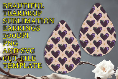 Unique teardrop earrings design, easy-to-edit PNG file, Heart Sublimation HoodArtCraft 
