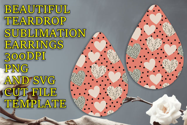 Unique teardrop earrings design, easy-to-edit PNG, Heart Sublimation HoodArtCraft 