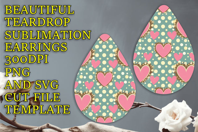 Unique teardrop earrings design, perfect for crafting, Heart Sublimation HoodArtCraft 