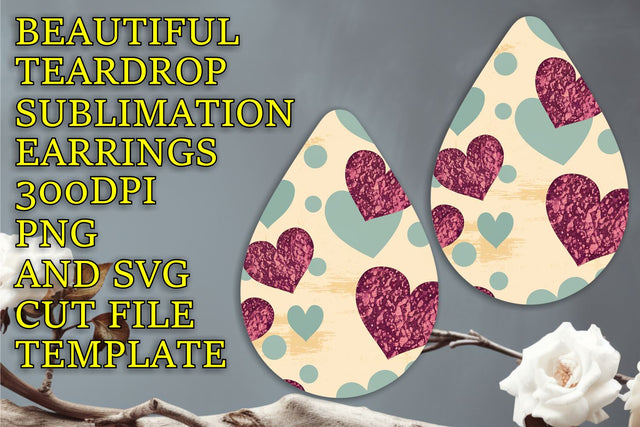 Unique teardrop earrings design, vibrant printable PNG, Heart Sublimation HoodArtCraft 