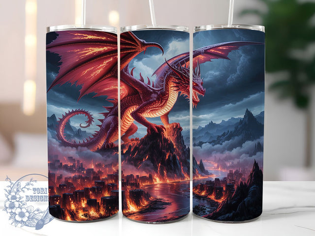Urban Dragon Fantasy City Tumbler, Urban Fantasy Wrap, 20oz Tumbler Sublimation, Mythical Skyline Design, Fire Breathing Dragon Sublimation, Futuristic City Tumbler, Epic Creature Wrap Sublimation ToriDesigns 