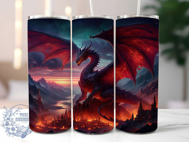 Urban Dragon Fantasy City Tumbler, Urban Fantasy Wrap, 20oz Tumbler Sublimation, Mythical Skyline Design, Fire Breathing Dragon Sublimation, Futuristic City Tumbler, Epic Creature Wrap Sublimation ToriDesigns 