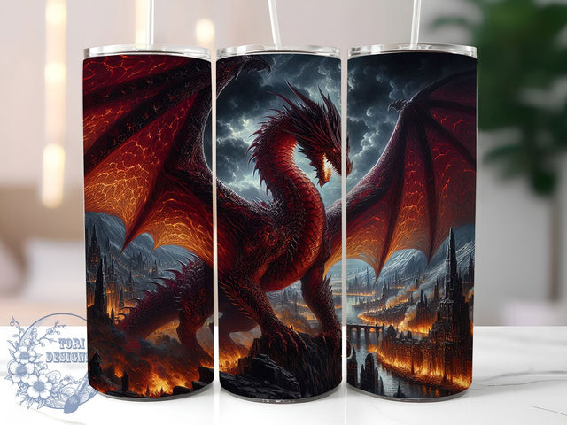 Urban Dragon Fantasy City Tumbler, Urban Fantasy Wrap, 20oz Tumbler Sublimation, Mythical Skyline Design, Fire Breathing Dragon Sublimation, Futuristic City Tumbler, Epic Creature Wrap Sublimation ToriDesigns 