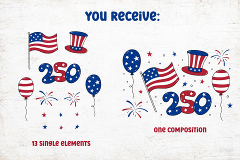 USA 250 Clipart PNG SVG | July 4 Independence Day Clip Art Bundle | American Flag, Uncle Sam Hat, Fireworks | United States Illustrations SVG AnnaViolet_store 