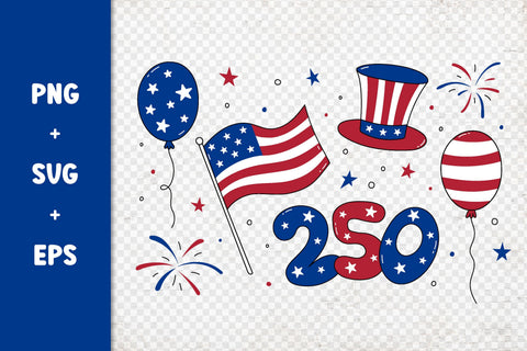 USA 250 Clipart PNG SVG | July 4 Independence Day Clip Art Bundle | American Flag, Uncle Sam Hat, Fireworks | United States Illustrations SVG AnnaViolet_store 