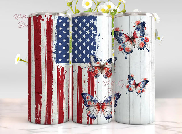 USA Flag and Butterflies 20 oz Tumbler Wrap Sublimation WillowSageDesign 