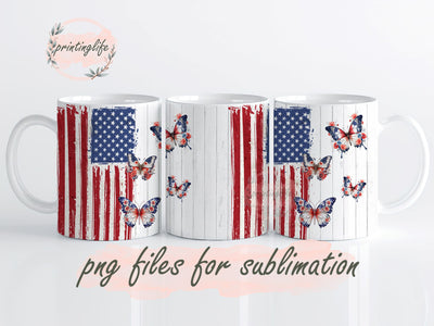 USA Flag and Butterflies Mug Wrap Design, Instant Digital Design Download Mug Wrap Design, Mug Design PNG Sublimation PrintingLife 