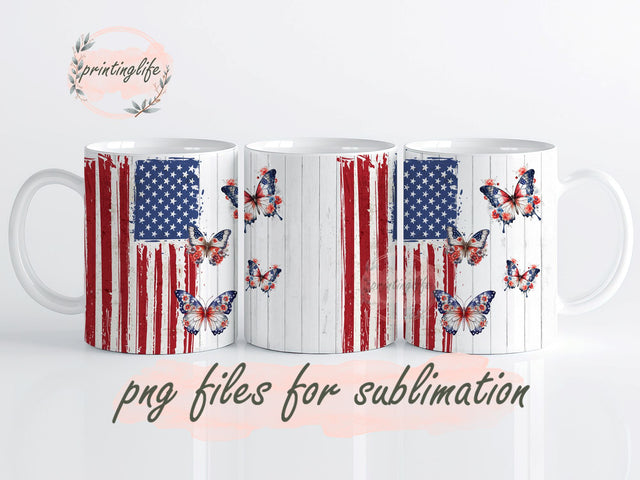 USA Flag and Butterflies Mug Wrap Design, Instant Digital Design Download Mug Wrap Design, Mug Design PNG Sublimation PrintingLife 