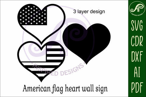 USA flag heart wall sign 3 layer laser cut SVG APInspireddesigns 