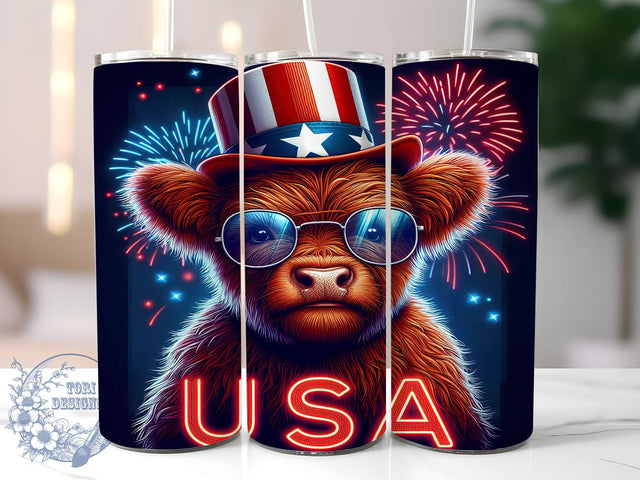 Usa Flag Highland Cow 20oz Skinny Tumbler, Patriotic Highland Cow Tumbler Png, Straight & Tapered Tumbler Wrap, Instant Digital Download Sublimation ToriDesigns 