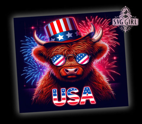Usa Flag Highland Cow 20oz Tumbler Wrap Sublimation Design, Straight Tapered Tumbler Wrap, Patriotic Highland Cow Tumbler Png, Instant Digital Download Sublimation SvggirlplusArt 