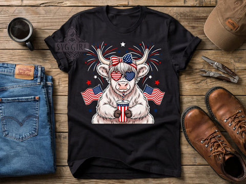 USA Highland Cow T-Shirt PNG, Highland Cow, Pop Art Cow, Patriotic Style, Sublimation PNG, Country Pride, Farm Animal Shirt Sublimation SvggirlplusArt 