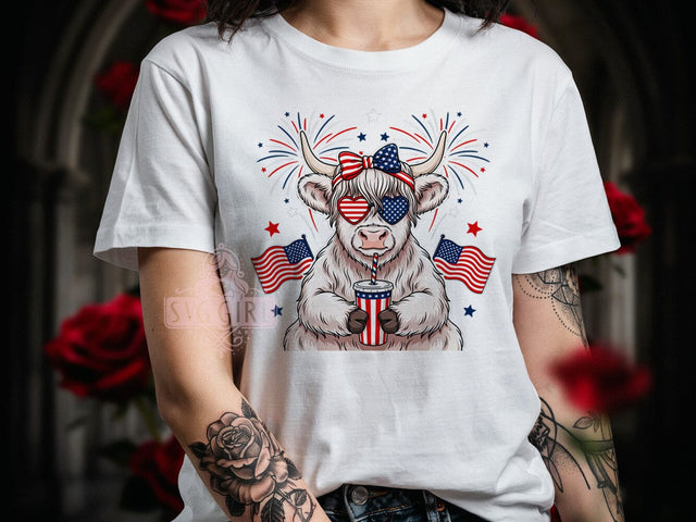 USA Highland Cow T-Shirt PNG, Highland Cow, Pop Art Cow, Patriotic Style, Sublimation PNG, Country Pride, Farm Animal Shirt Sublimation SvggirlplusArt 
