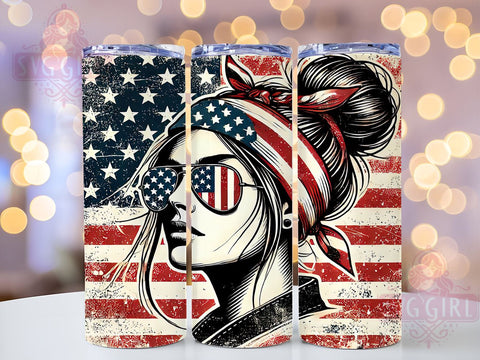 USA Patriotic Flag Mom Tumbler, Patriotic Tumbler, American Flag Design, Mom Bun Cup, 4th of July Gift, Sublimation Wrap, USA Tumbler, Red White Blue Drinkware Sublimation SvggirlplusArt 