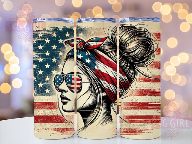 USA Patriotic Flag Mom Tumbler, Patriotic Tumbler, American Flag Design, Mom Bun Cup, 4th of July Gift, Sublimation Wrap, USA Tumbler, Red White Blue Drinkware Sublimation SvggirlplusArt 