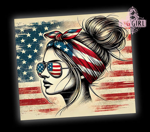 USA Patriotic Flag Mom Tumbler, Patriotic Tumbler, American Flag Design, Mom Bun Cup, 4th of July Gift, Sublimation Wrap, USA Tumbler, Red White Blue Drinkware Sublimation SvggirlplusArt 