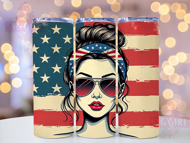 USA Patriotic Flag Mom Tumbler, Patriotic Tumbler, American Flag Design, Mom Bun Cup, 4th of July Gift, Sublimation Wrap, USA Tumbler, Red White Blue Drinkware Sublimation SvggirlplusArt 