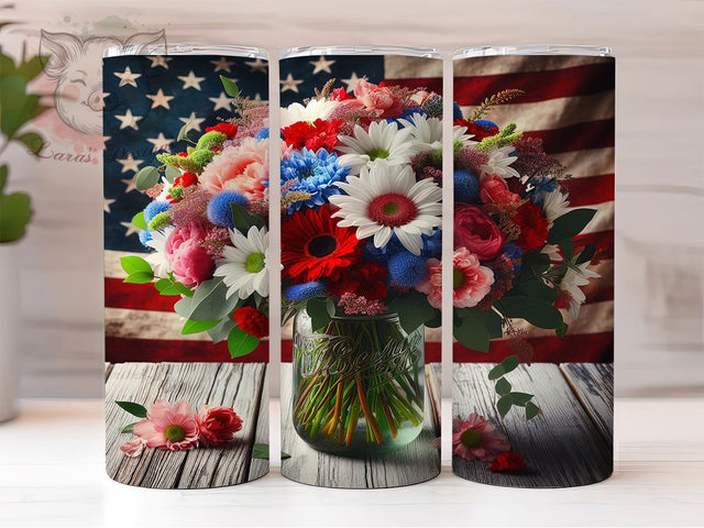 USA Patriotic Flowers 20oz Tumbler, American Flag Gift, Sublimation Wrap, Red White Blue Mug, 20oz Tumbler Design, Patriotic Flowers PNG, USA Pride Sublimation Lara' s Designs 