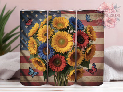 USA Sunflower Flag 20oz Tumbler, Patriotic Theme, Sunflower Design, American Style, Rustic Print, 20oz Sublimation, PNG Design Sublimation Li Zamperini 