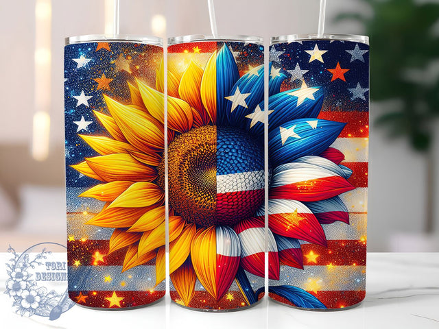 USA Sunflower Patriotic Tumbler, Patriotic Tumbler PNG, Glitter Flag Tumbler Wrap, 4th Of July Sublimation, American Flag Wrap, 20oz Tumbler Design, Red White Blue Sunflower Sublimation ToriDesigns 
