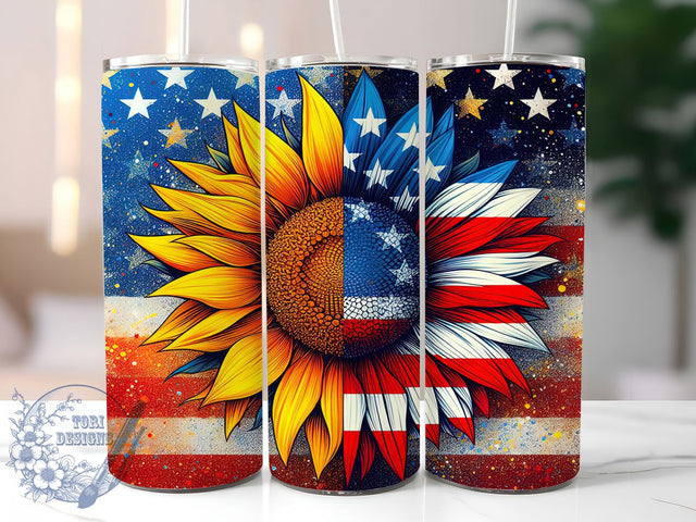 USA Sunflower Patriotic Tumbler, Patriotic Tumbler PNG, Glitter Flag Tumbler Wrap, 4th Of July Sublimation, American Flag Wrap, 20oz Tumbler Design, Red White Blue Sunflower Sublimation ToriDesigns 