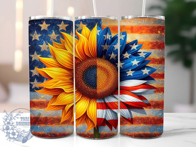 USA Sunflower Patriotic Tumbler, Patriotic Tumbler PNG, Glitter Flag Tumbler Wrap, 4th Of July Sublimation, American Flag Wrap, 20oz Tumbler Design, Red White Blue Sunflower Sublimation ToriDesigns 