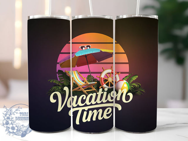 Vacation Time Summer 20oz Tumbler, Summer Holiday Phrase, Tropical Coastal Illustration, Sublimation Tumbler Wrap, 20oz Tumbler, Fun Travel Gift, Bright Beach Style Sublimation ToriDesigns 