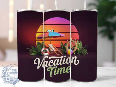 Vacation Time Summer 20oz Tumbler, Summer Holiday Phrase, Tropical Coastal Illustration, Sublimation Tumbler Wrap, 20oz Tumbler, Fun Travel Gift, Bright Beach Style Sublimation ToriDesigns 
