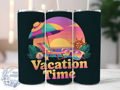 Vacation Time Summer 20oz Tumbler, Summer Holiday Phrase, Tropical Coastal Illustration, Sublimation Tumbler Wrap, 20oz Tumbler, Fun Travel Gift, Bright Beach Style Sublimation ToriDesigns 