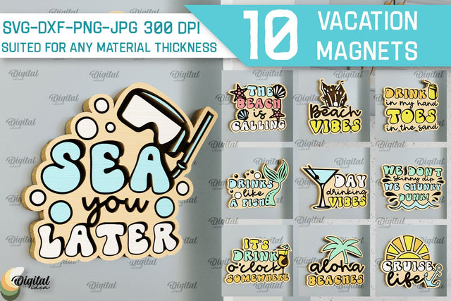 Vacation Wooden Magnets Laser Cut Bundle. Fridge Summer Magnets SVG SVG Evgenyia Guschina 