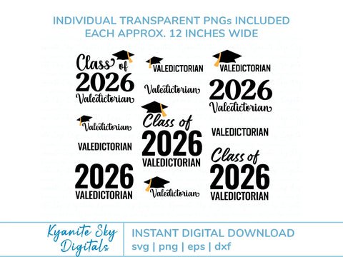 Valedictorian 2026 Graduation SVG vinyl cut files, PNG clipart SVG Kyanite Sky Digitals 