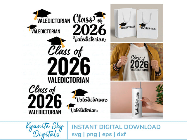 Valedictorian 2026 Graduation SVG vinyl cut files, PNG clipart SVG Kyanite Sky Digitals 