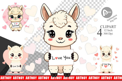 Valentine Alpaca Cartoon Clipart Sublimation artnoy 