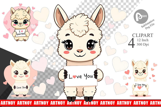 Valentine Alpaca Cartoon Clipart Sublimation artnoy 
