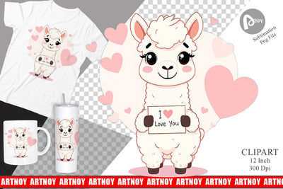 Valentine Alpaca Cartoon Clipart Sublimation artnoy 