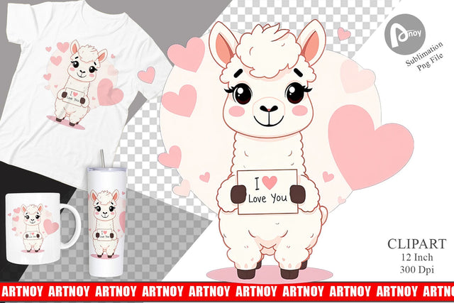 Valentine Alpaca Cartoon Clipart Sublimation artnoy 