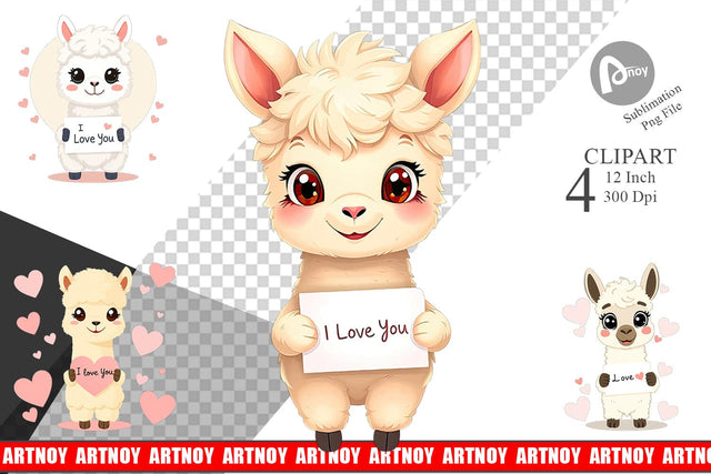 Valentine Alpaca Cartoon Clipart Sublimation artnoy 