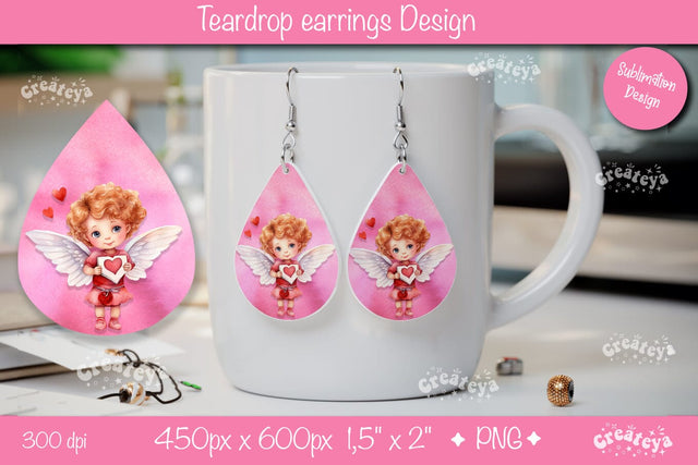 Valentine Angel Earrings – Teardrop Watercolor Sublimation PNG Sublimation Createya Design 