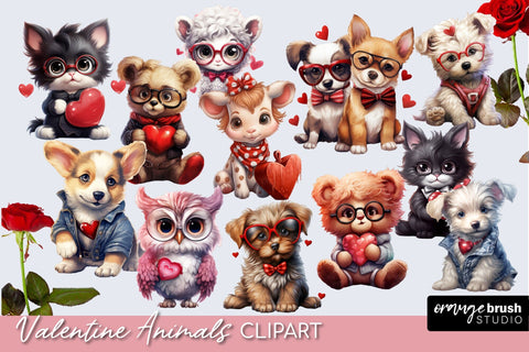 Valentine Animals Clipart, Cute Watercolor Sublimation PNG Sublimation OrangeBrushStudio 