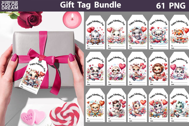 Valentine Animals Gift Tags Bundle Sublimation WatercolorColorDream 