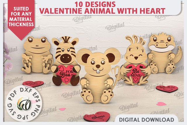 Valentine Animals with Heart Laser Cut Bundle. Cute Animals SVG Evgenyia Guschina 