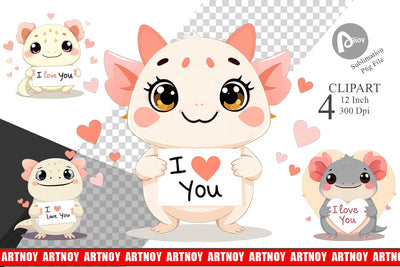 Valentine Axolotl Cartoon Clipart Sublimation artnoy 