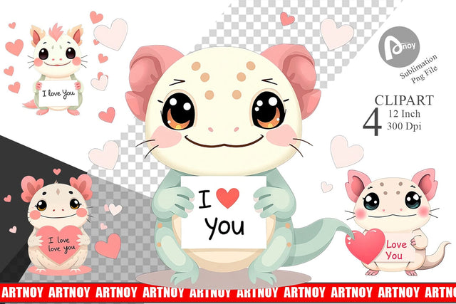 Valentine Axolotl Cartoon Clipart Sublimation artnoy 