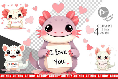 Valentine Axolotl Cartoon Clipart Sublimation artnoy 