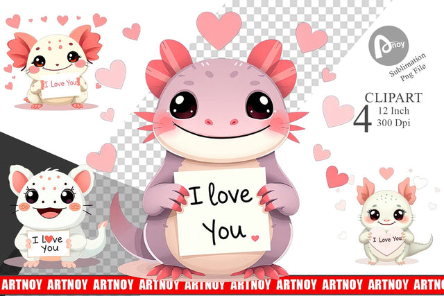 Valentine Axolotl Cartoon Clipart Sublimation artnoy 