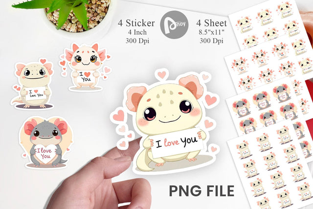 Valentine Axolotl Cartoon Sticker Sublimation artnoy 