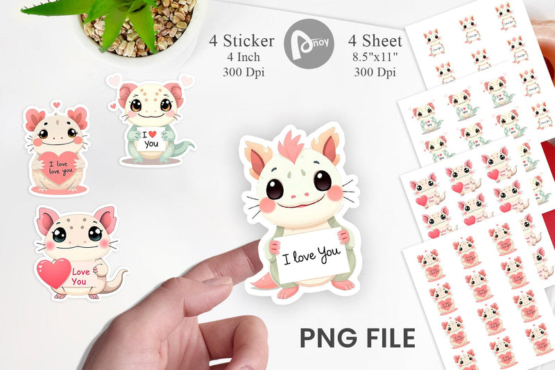 Valentine Axolotl Cartoon Sticker Sublimation artnoy 