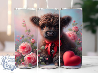 Valentine Baby Highland Cow Tumbler, Baby Highland Cow, Cute Animal, Rustic Style, Whimsical Art, 20Oz Tumbler, Sublimation Wrap Sublimation ToriDesigns 