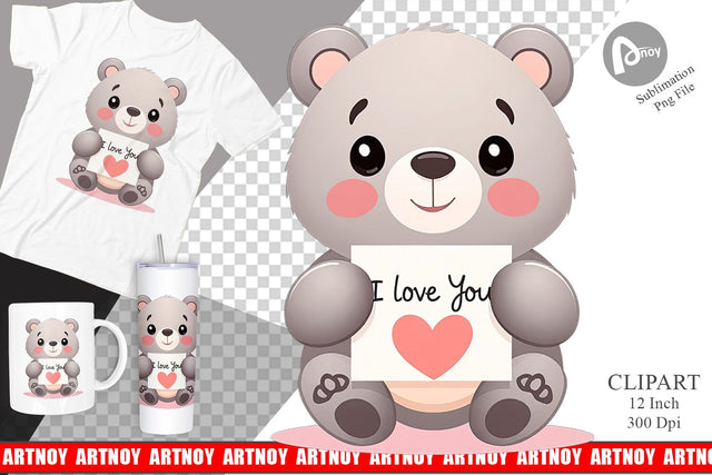 Valentine Bear Cartoon Clipart Sublimation artnoy 